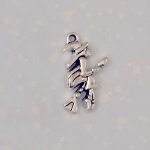 Antiquated Grey Silver Gray & Black Metal Flying Witch on Broom Charm
